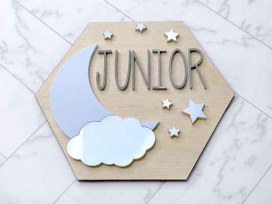 Moon Name Sign Baby 3D Name Announcement Sign Moon and Stars Newborn Photo Prop Hospital Plaque Sizes: 5.5 & 11.5 OTHER COLORS