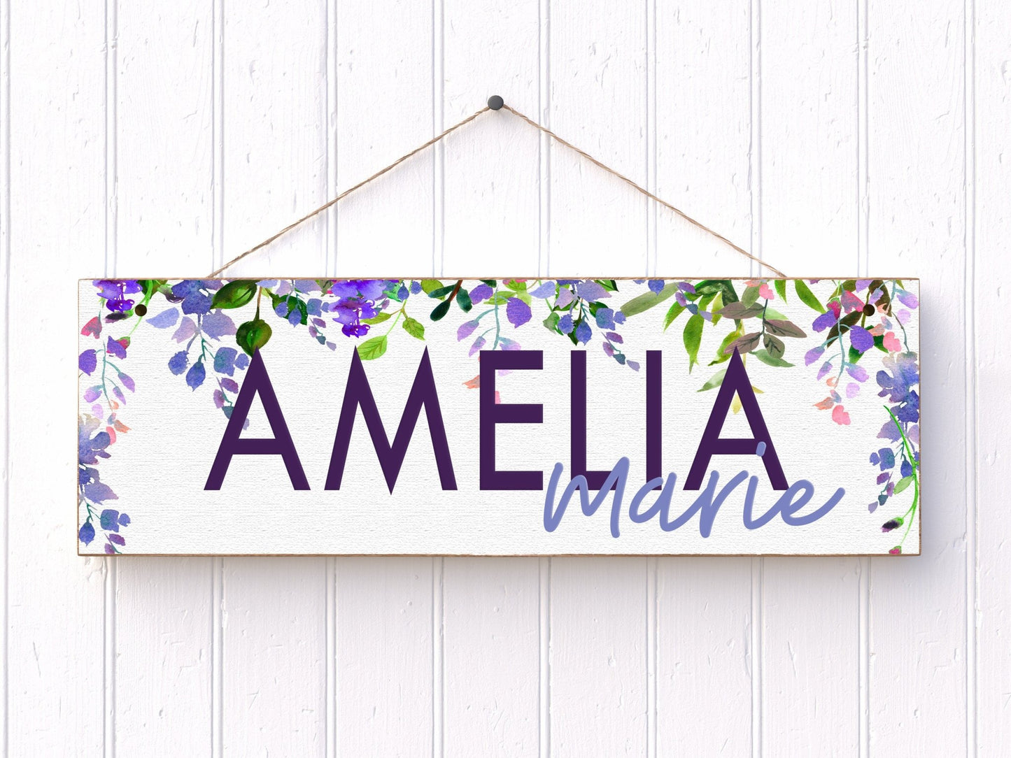 Lavender Floral Nursery Sign Hanging Name Plaque 15"x6" - Squishy Cheeks