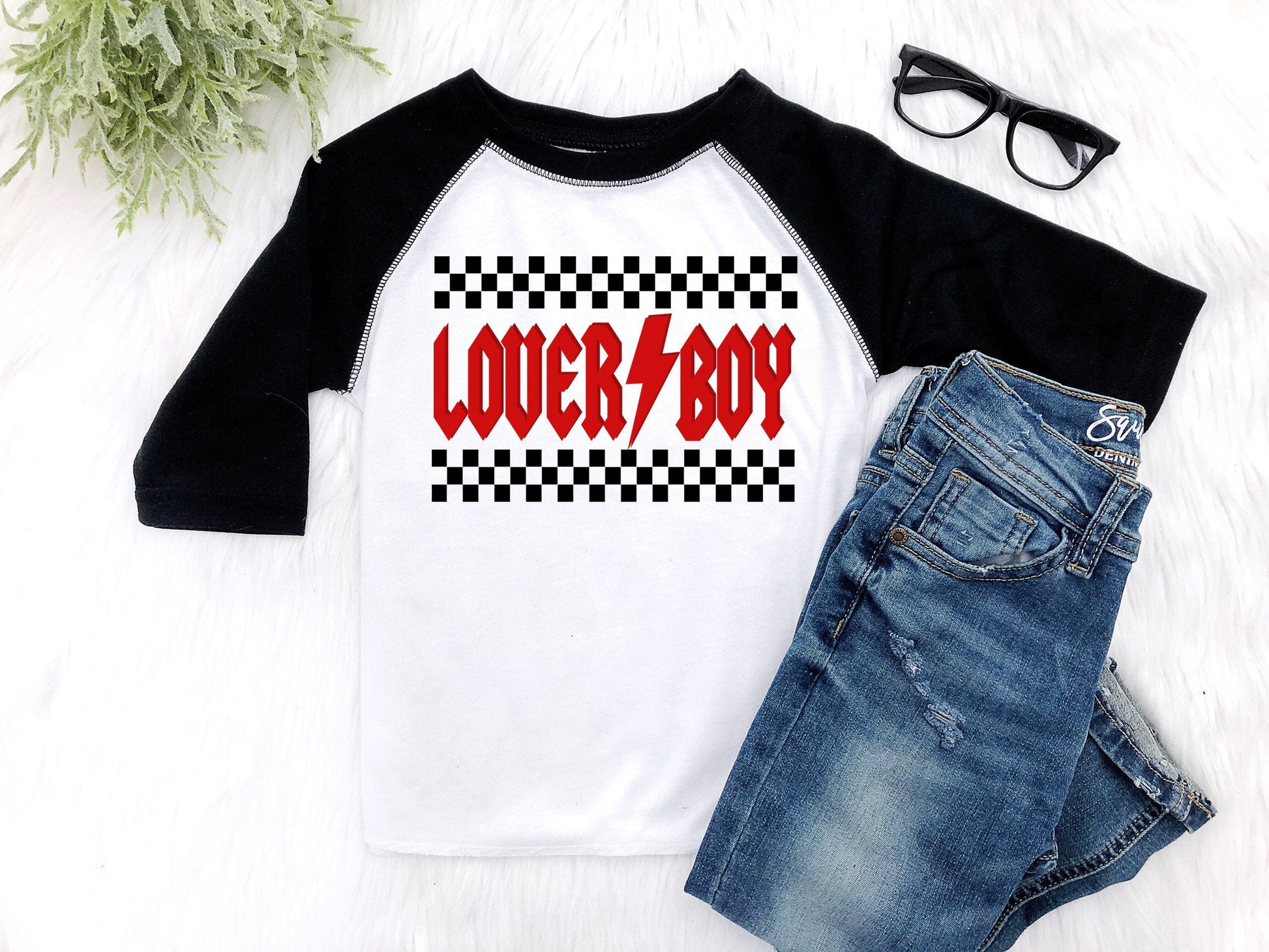 Lover Boy Checkered Retro Funny Valentine's Day Shirt Boys Valentine Raglan ShortSlv White Shirt / 2T