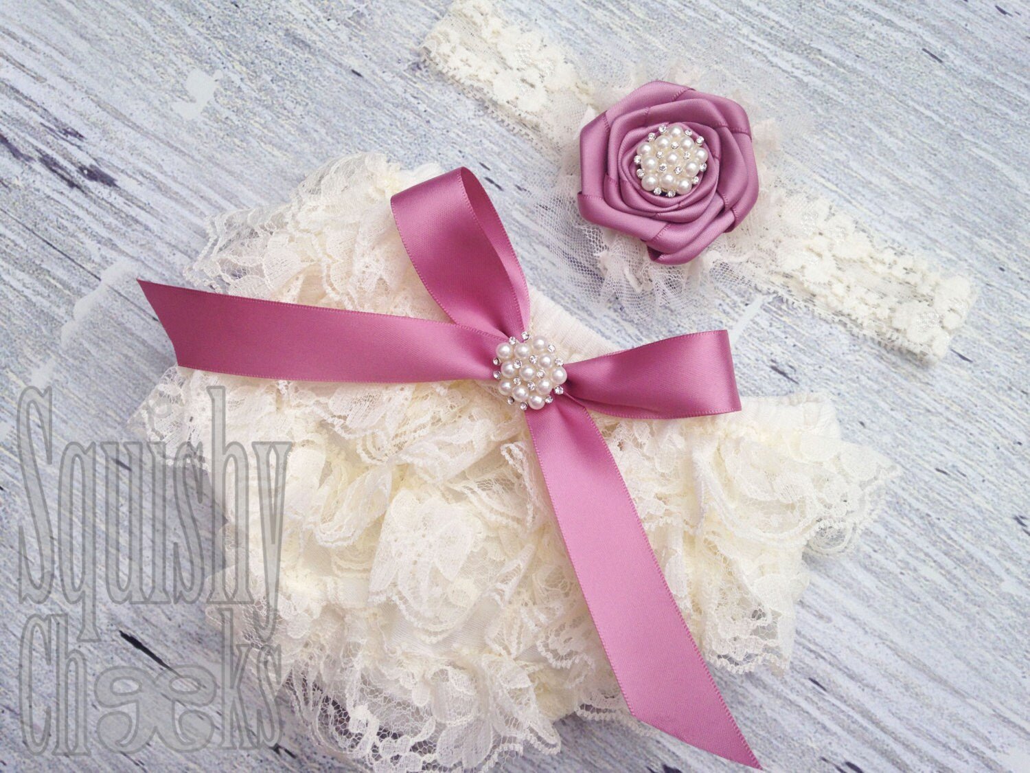 Mauve Vintage Lace Baby Bloomers and Headband, Lace and Pearl Rustic Headband and Bloomers, Elegant Baby Outfit, Newborn Photo Props - Squishy Cheeks