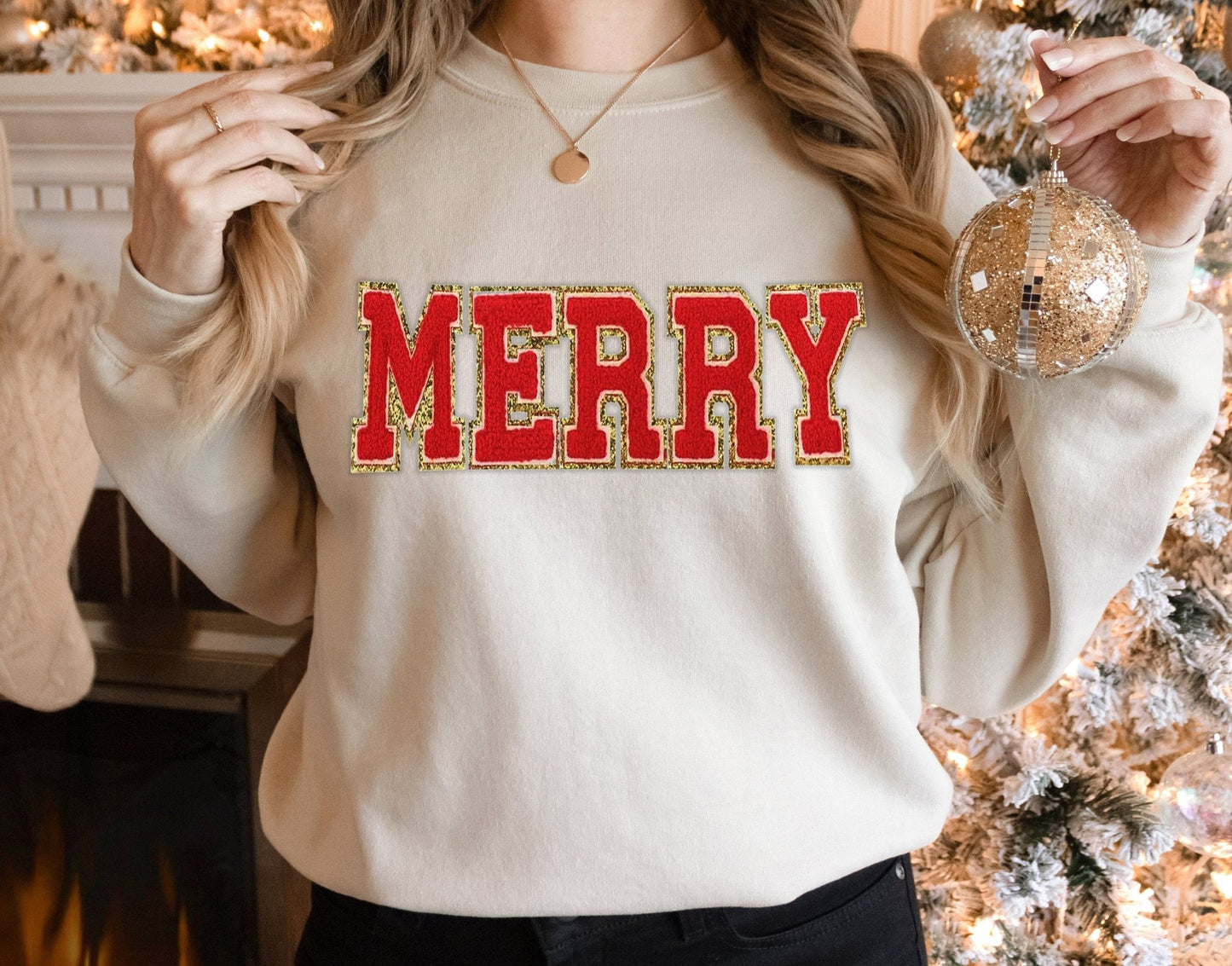 MERRY Faux Chenille Patch Christmas Sweatshirt - Squishy Cheeks