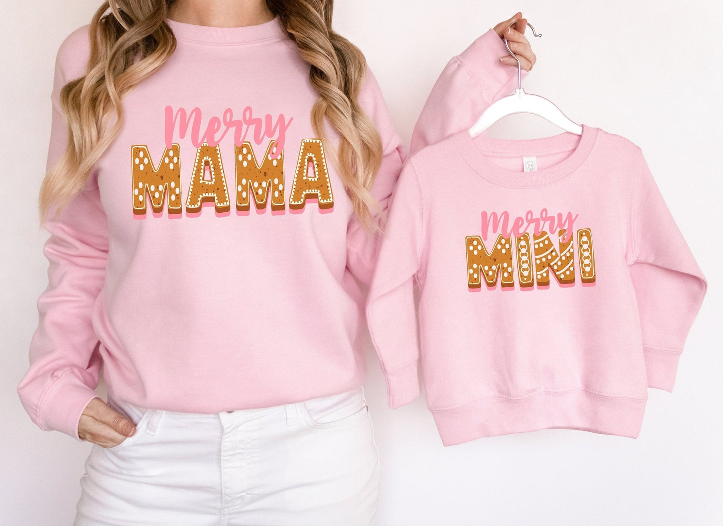 Merry Mama and Mini Matching Christmas Cookie shirt Set Merry and Bright Pink Christmas Modern Tees Mama and Me Set Holiday Top - Squishy Cheeks