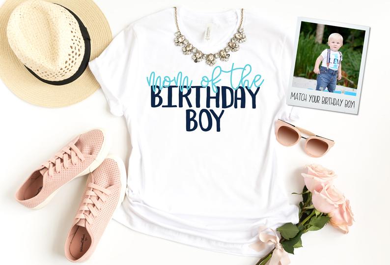 Mom of the Birthday Boy Aqua and Navy Matching Birthday Shirt - Squishy Cheeks