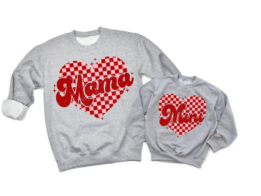 Mommy and Me Valentines Day Sweatshirts Mama Mini Checkered Heart Valentines Day Sweatshirt Matching Mom Kids Valentine Sweater - Squishy Cheeks