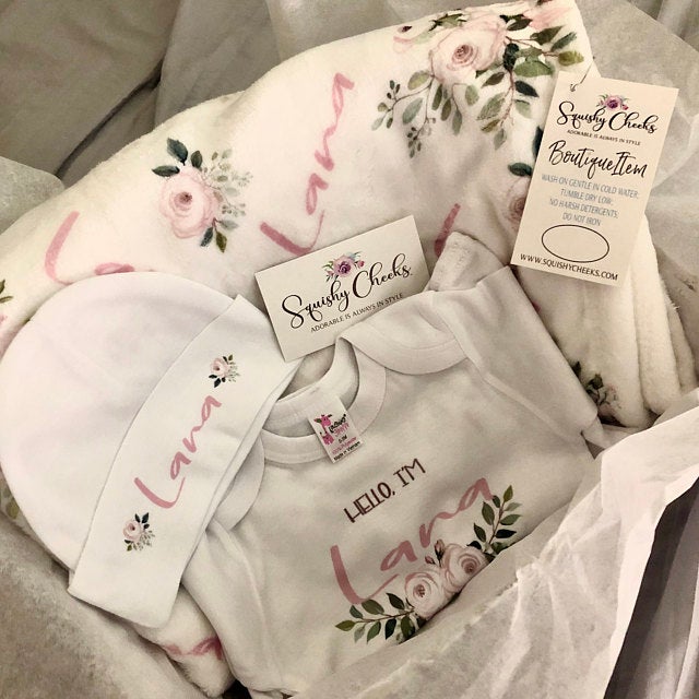 New Baby Girl Personalized Floral Gift Set - Squishy Cheeks