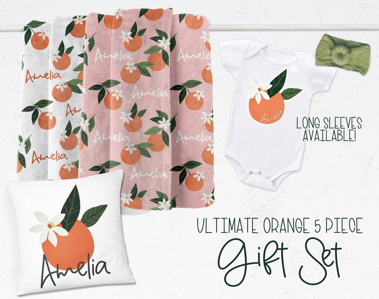 Orange Cutie Baby Gift Set Blanket Swaddle Bodysuit Headband Pillow Nursery Decor Baby Shower Gift - Squishy Cheeks