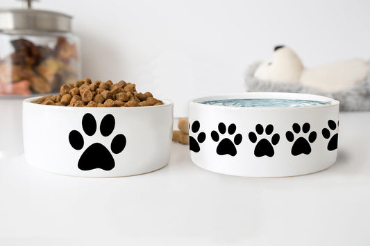 Paw Print Dog Bowls Dog Gift Pet Food Bowl No Spill Heavy Water Bowl Cat Bowls Personalized Dog Bowl Ceramic 6" or 7" White 1 - Squishy Cheeks