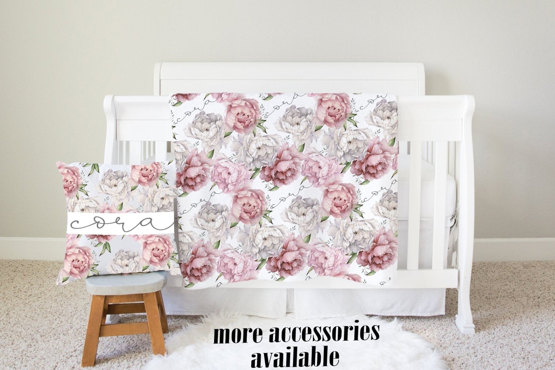 Peony Blanket Pillow Nursery Set Girls Baby Shower Gift Set Gown Hat Plaque Swaddle Pillow Burpcloth - Squishy Cheeks