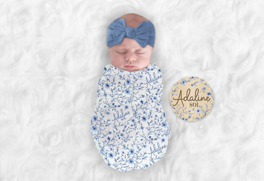 Personalized Blue Floral Baby Swaddle Toile Nursery Blanket Chinoiserie Baby Girl - Squishy Cheeks
