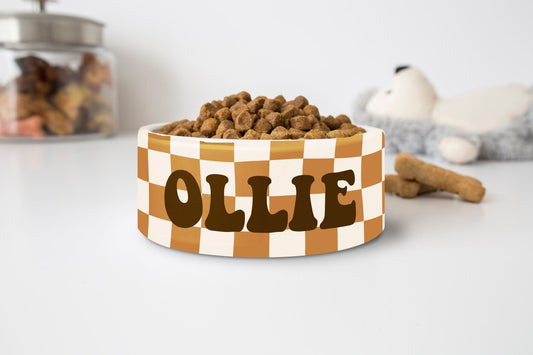 Personalized Checkered Retro Dog Bowl Pet Bowl With Name Ceramic 6" or 7" - Squishy Cheeks