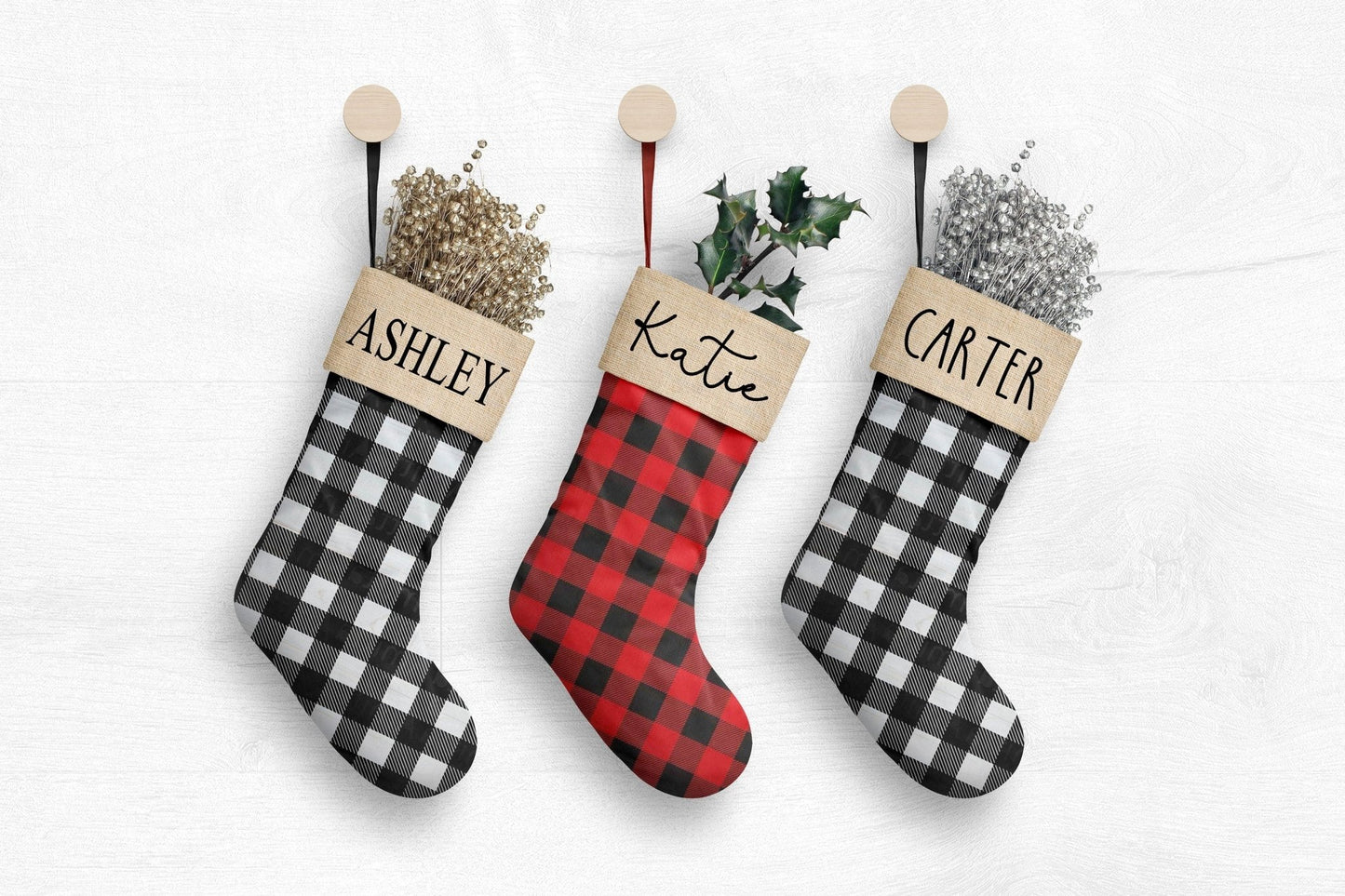 Personalized Christmas Stockings Custom Monogrammed Buffalo Plaid Buffalo Check Stockings Canvas Red Black White - Squishy Cheeks