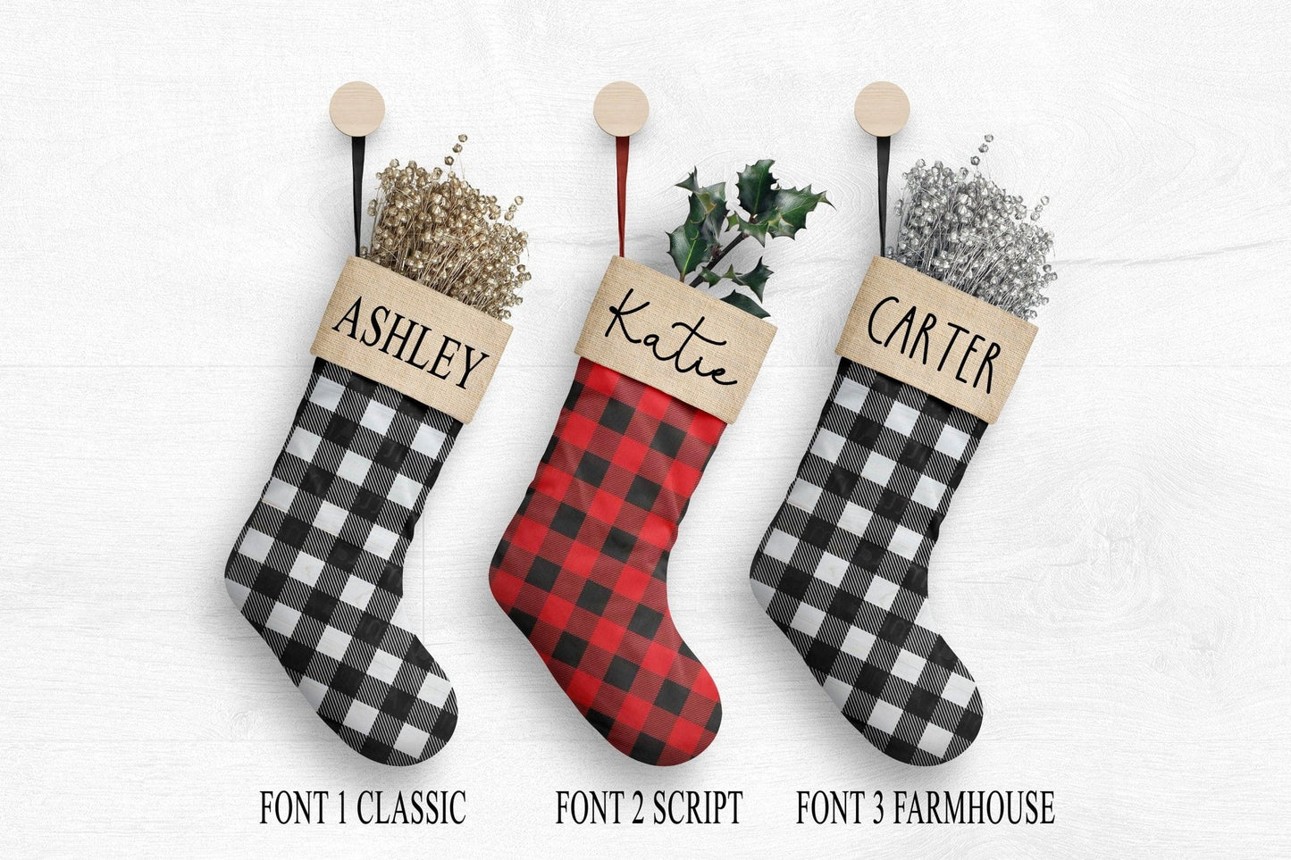 Personalized Christmas Stockings Custom Monogrammed Buffalo Plaid Buffalo Check Stockings Canvas Red Black White - Squishy Cheeks