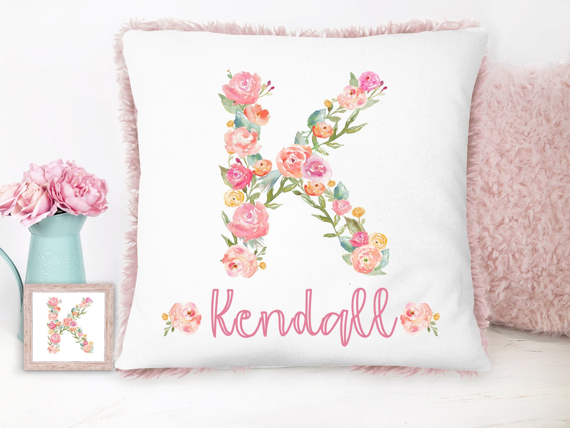 Personalized Floral Monogram Pink Plush Pillow - Squishy Cheeks
