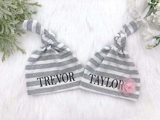Personalized Grey And White Stripe Knotted Hat - Squishy Cheeks
