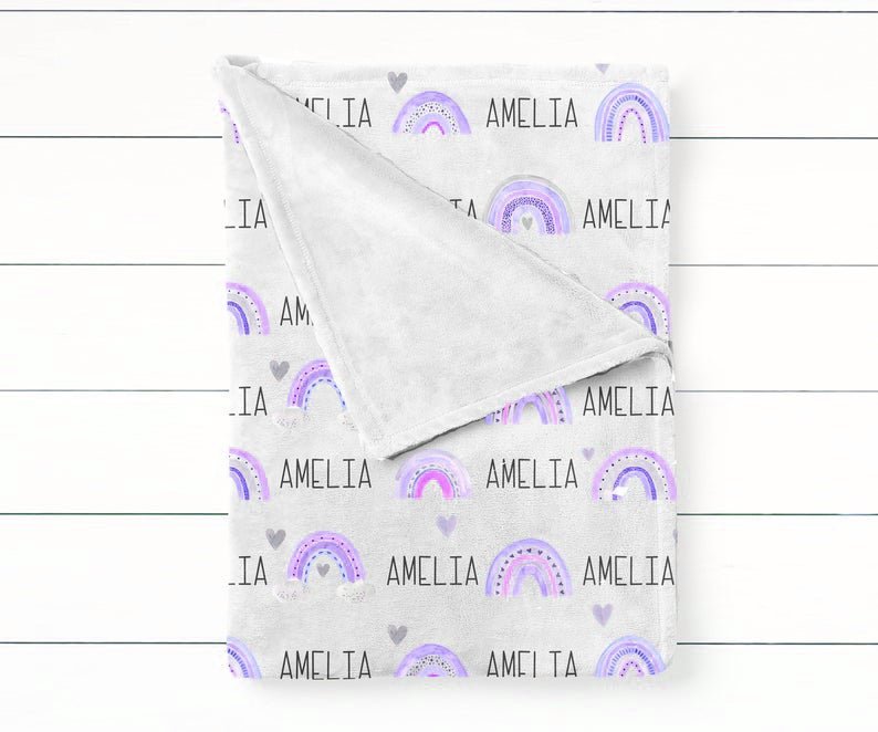 Personalized Lavender Rainbow Swaddle Blanket - Squishy Cheeks