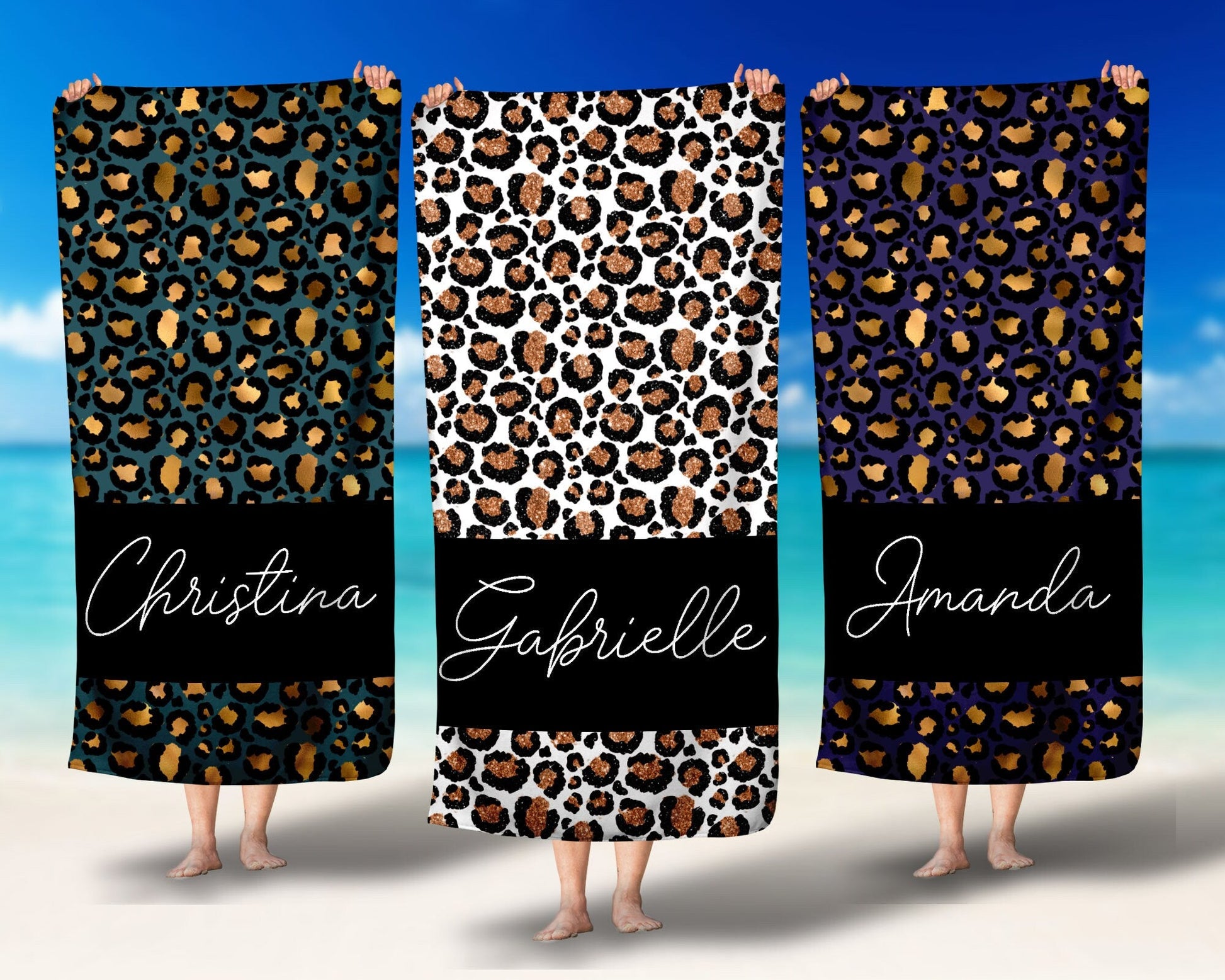 Personalized Leopard Towel Custom Bridesmaid Gift Bachelorette Party Gift Beach Towel Honeymoon Towel Bride Tribe Squad Bach Towels - Squishy Cheeks