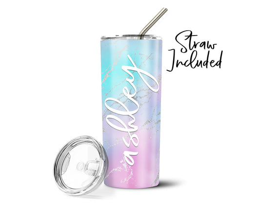 Personalized Rainbow Marble Stainless Steel Straw Tumbler - Squishy Cheeks