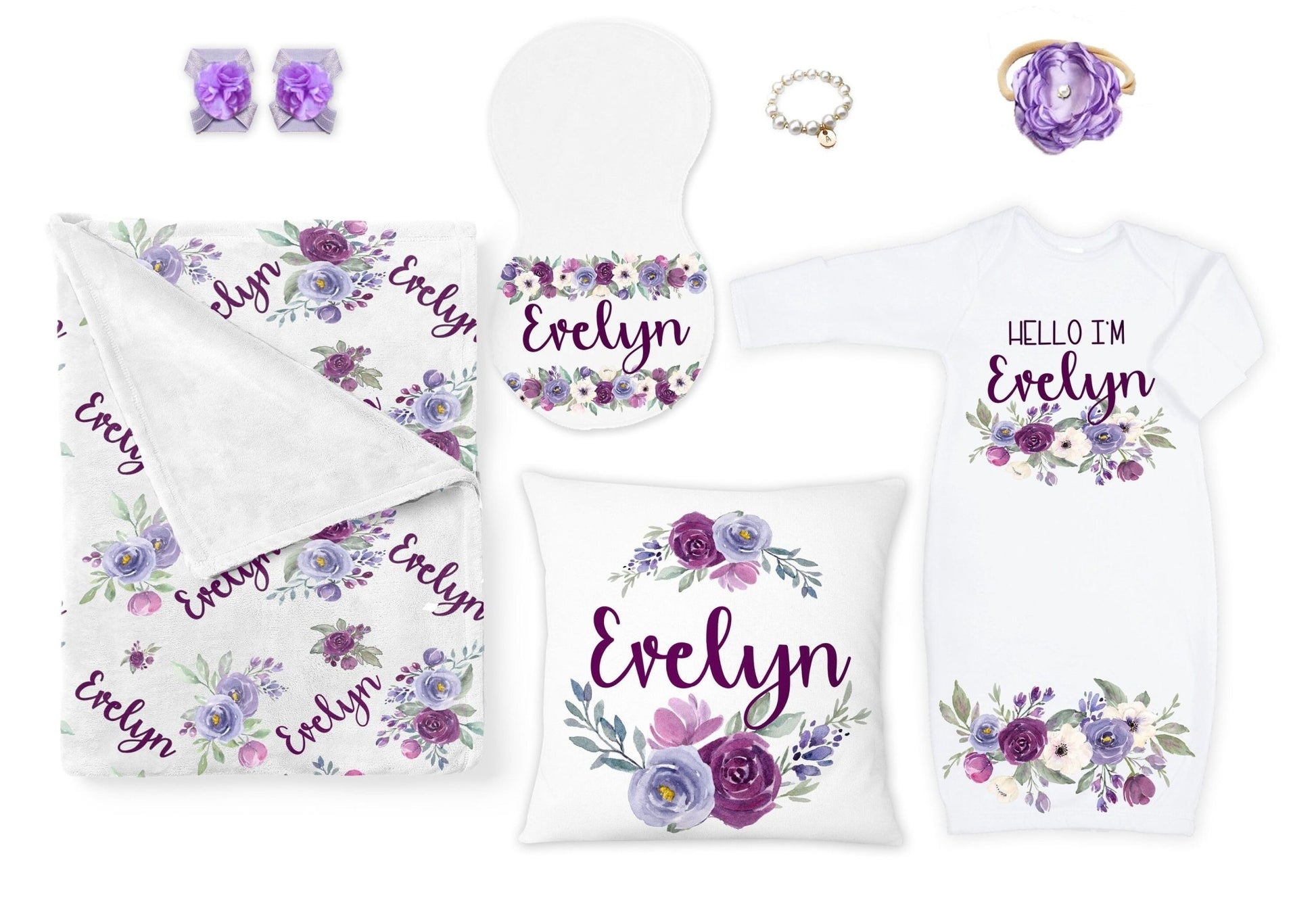 Purple Baby Girl Blanket Gift Set Personalized Baby Shower Gift Purple Floral Pillow Blanket Gown Burp Cloth Hat Bracelet Sandals Headband - Squishy Cheeks