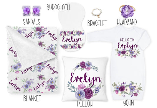 Purple Baby Girl Blanket Gift Set Personalized Baby Shower Gift Purple Floral Pillow Blanket Gown Burp Cloth Hat Bracelet Sandals Headband - Squishy Cheeks