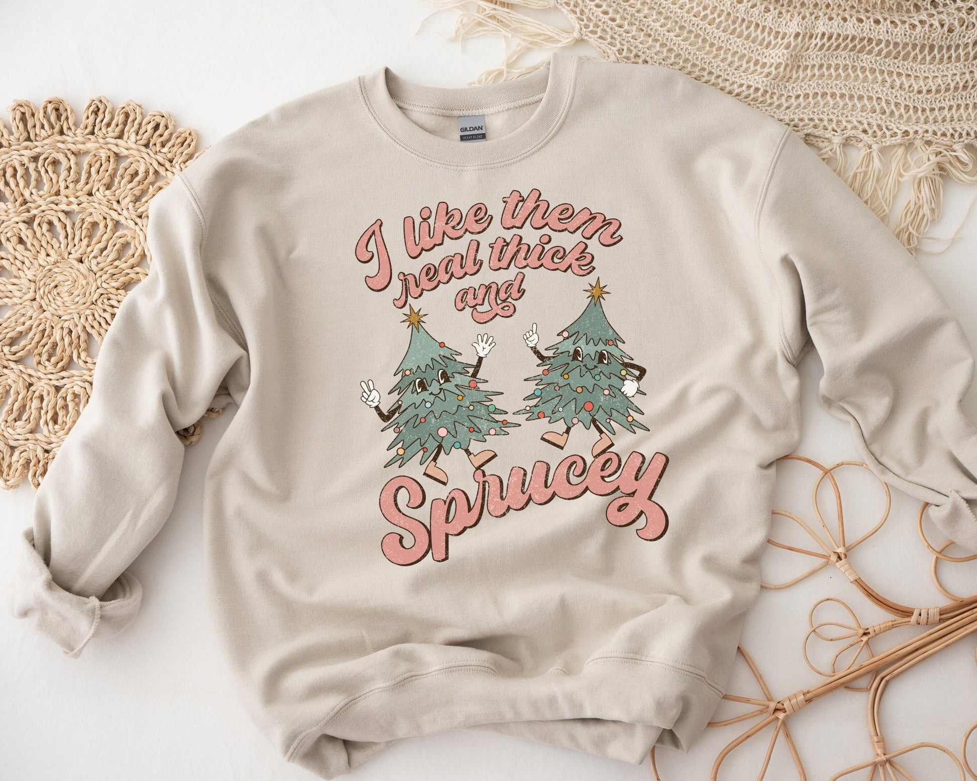 Retro Christmas Holiday Sweater Weather Funny Sweatshirt Thick and Sprucey - Squishy Cheeks