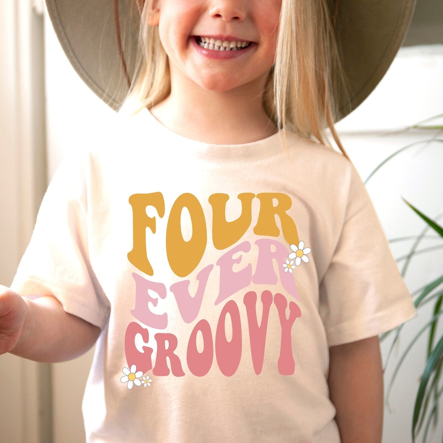 Retro Groovy Fourth Birthday Girl Shirt Four Ever Groovy Hippie Girl Birthday Vibes Groovy 70's Birthday Outfit - Squishy Cheeks