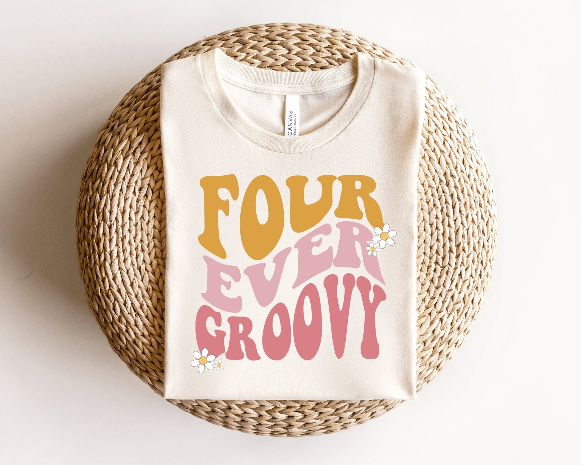 Retro Groovy Fourth Birthday Girl Shirt Four Ever Groovy Hippie Girl Birthday Vibes Groovy 70's Birthday Outfit - Squishy Cheeks
