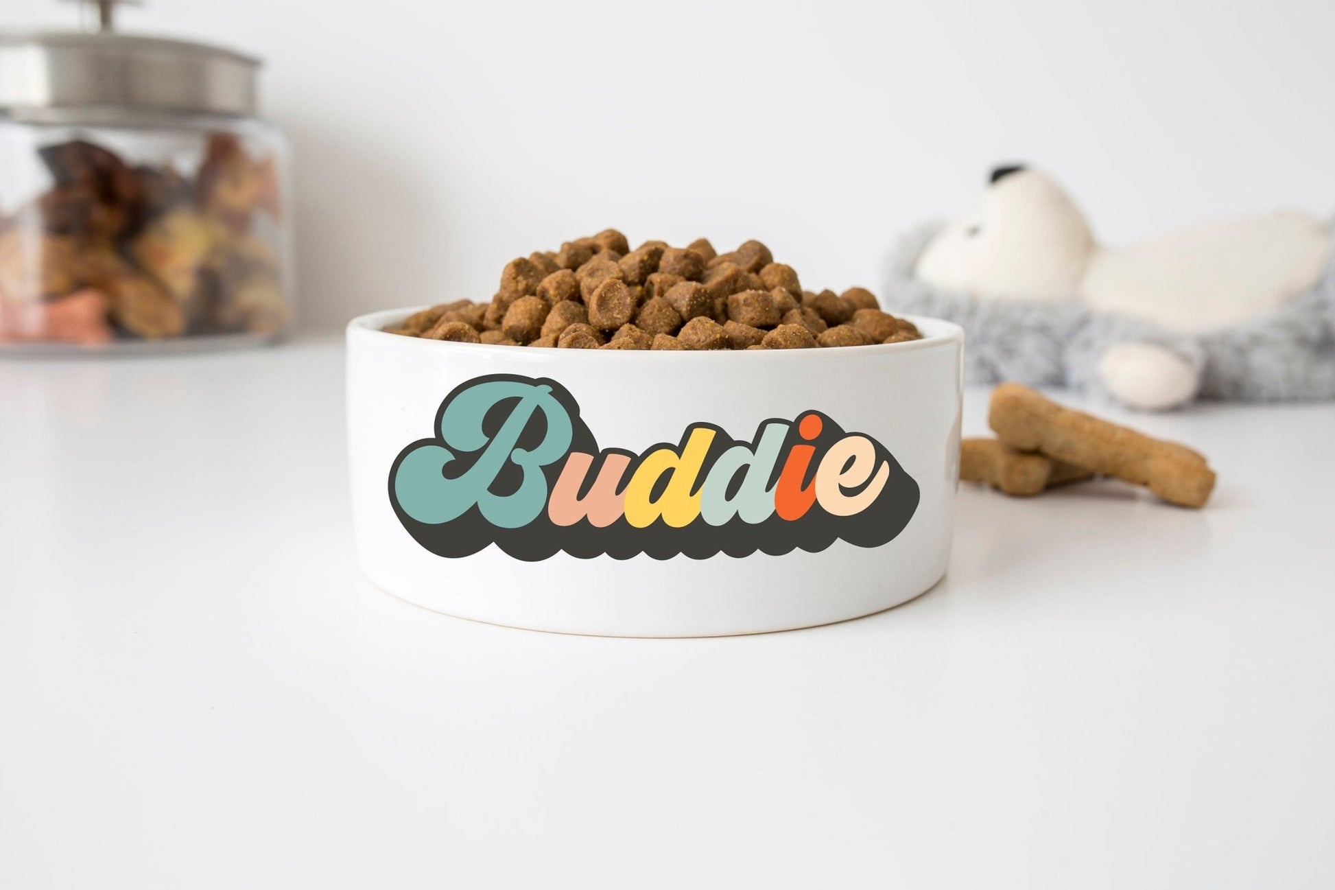 Retro Personalized Dog Bowl Cat Pet Bowl with Name Gift for Pet Vibes Food Bowl Water Bowl Small Cat Bowls Ceramic 6" or 7" White 1 - Squishy Cheeks