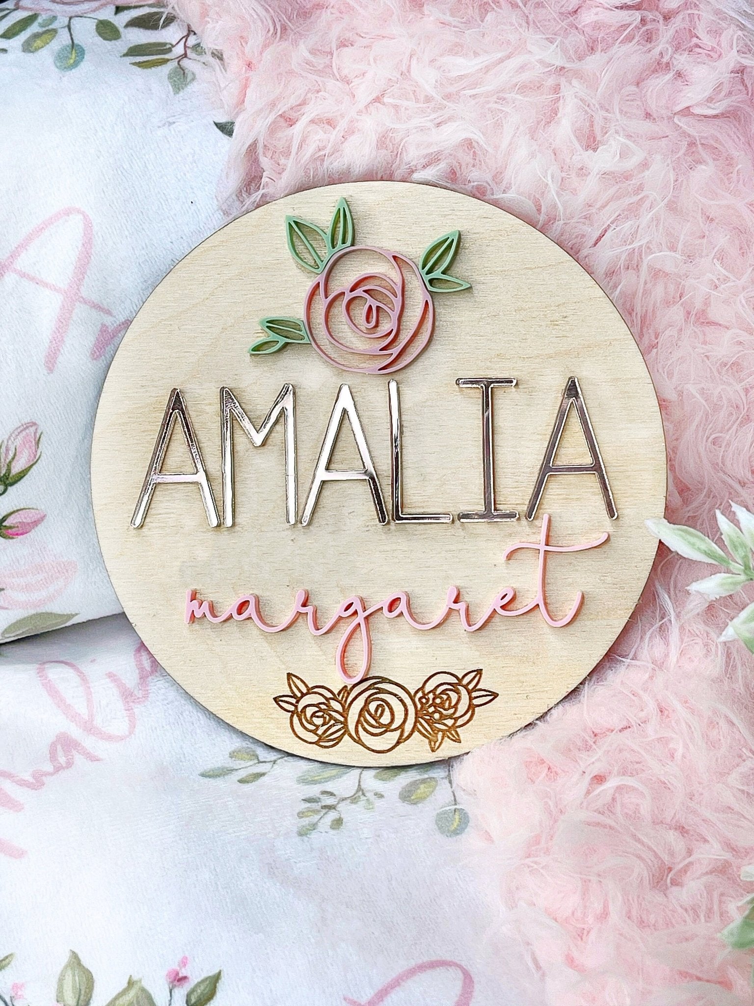 Rose Baby Girl Name Sign Floral Wood Name Sign 3D Name Announcement Sign Floral Nursery Newborn Photo Prop Hospital Plaque Sizes: 5.5 & 11.5 - Squishy Cheeks