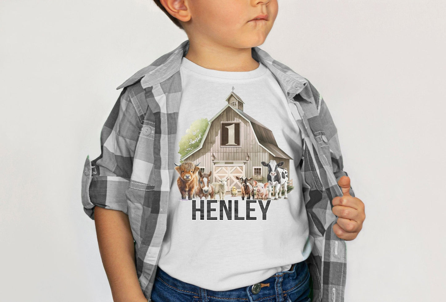 Rustic Farm Animal Birthday Shirt, Personalized for Baby Boy - Squishy Cheeks
