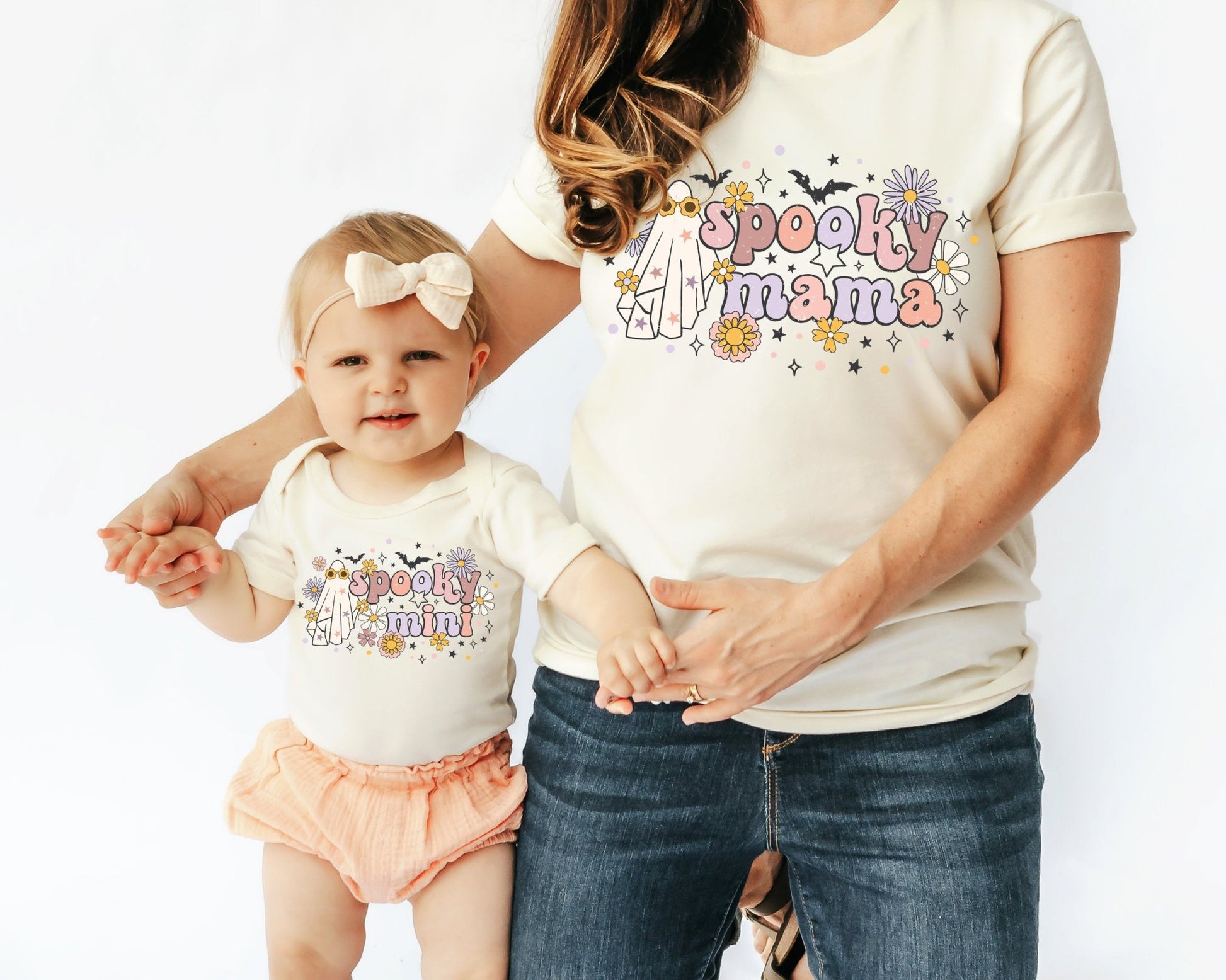 Spooky Mama and Mini Set Cute Retro Ghost Halloween Shirt Set Mommy and Me - Squishy Cheeks