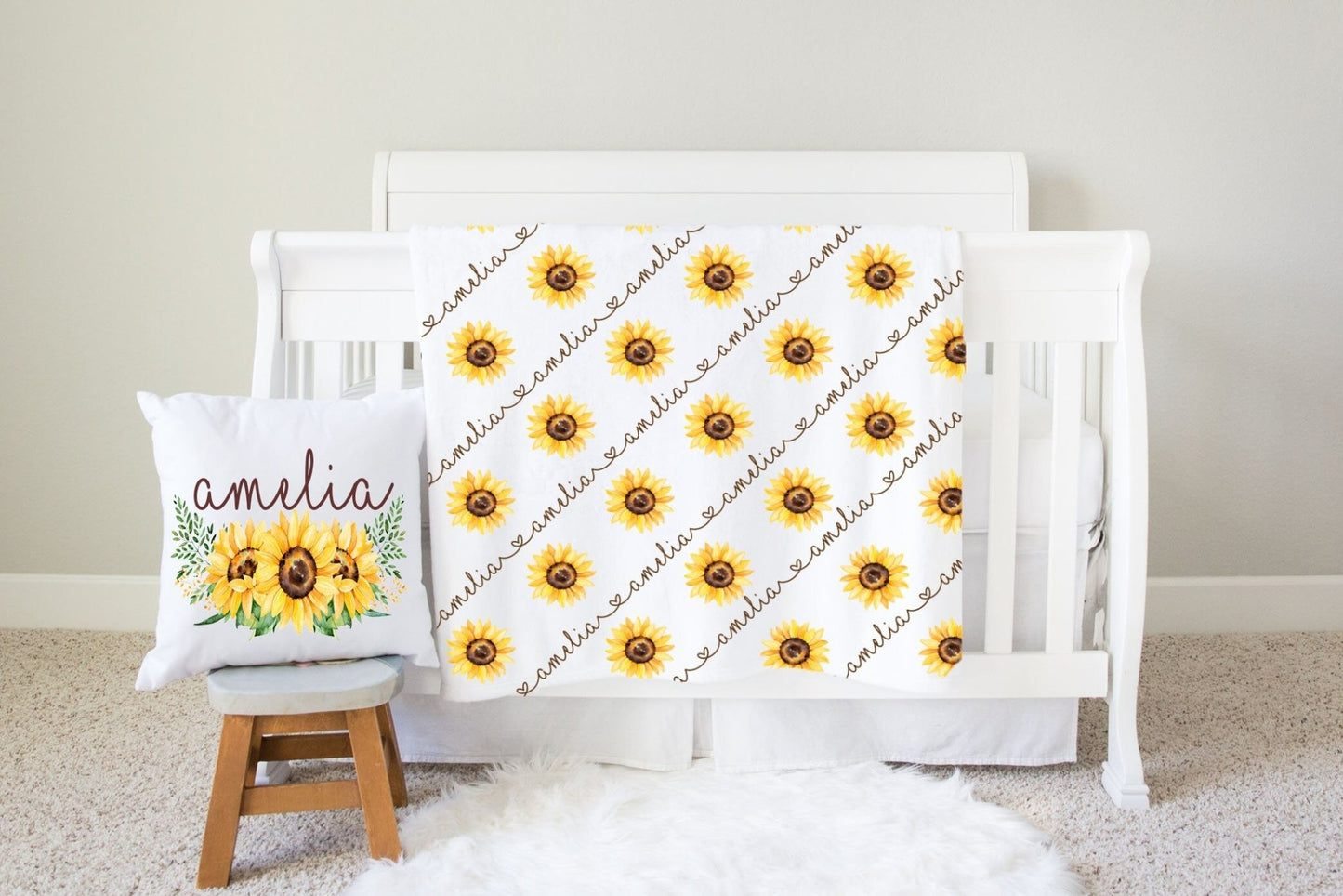 Sunflower Baby Blanket Personalized Baby Girl Swaddle Fall Sunflower Nursery Decor Name Blanket Baby Shower Gift Blanket and Pillow Set - Squishy Cheeks