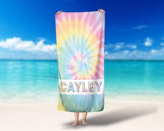 Tie Dye Personalized Beach Towel Rainbow Custom Beach Name Pool Towel Custom Towel Retro Font Towel Children's Pool Towel Bathing Towel - Squishy Cheeks