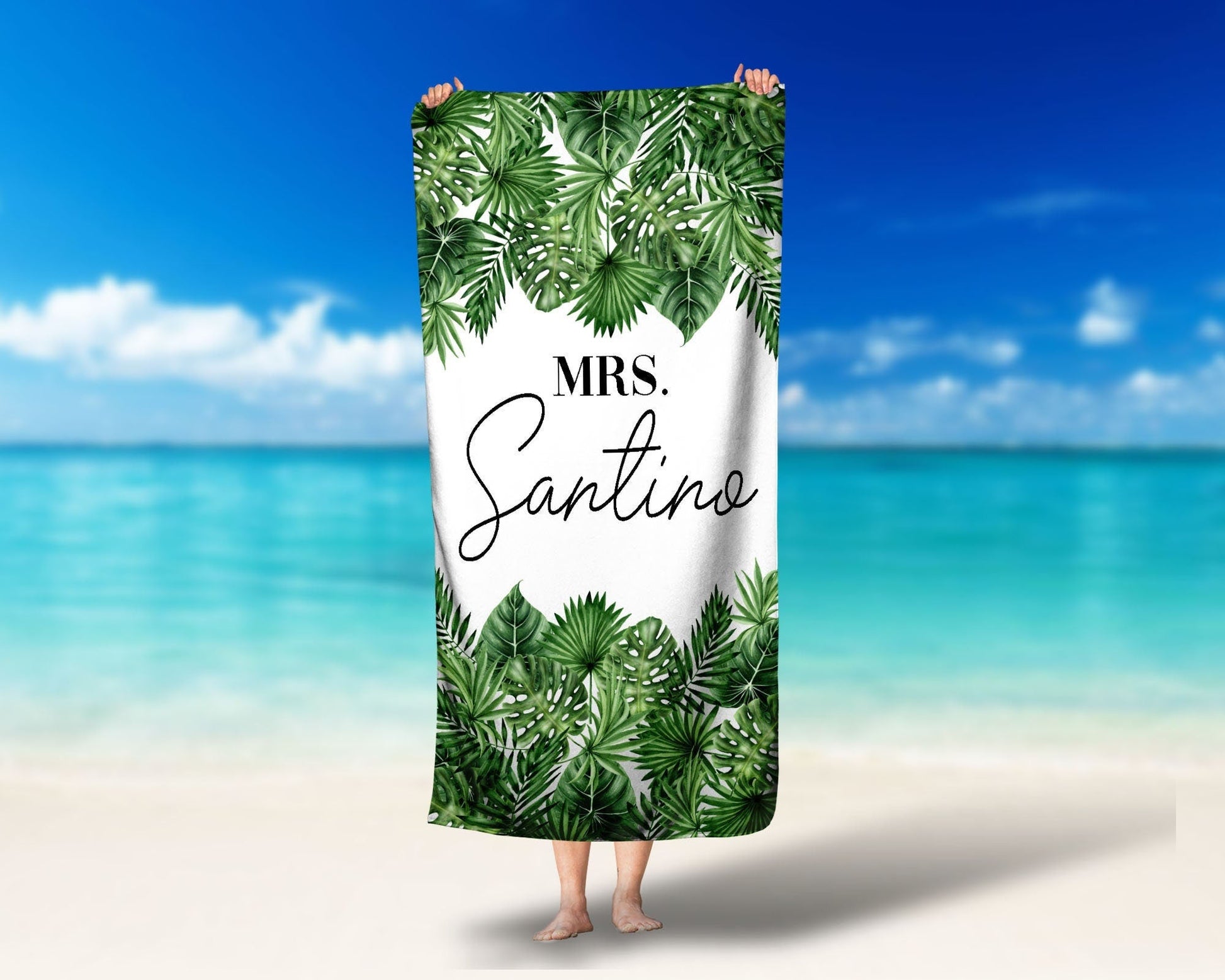 Tropical Beach Towel Mrs Towel Palm Leaf Towel Bride Towel Honeymoon Towel Personalized Towel Neon Bachelorette Party Towel Bach Towels - Squishy Cheeks