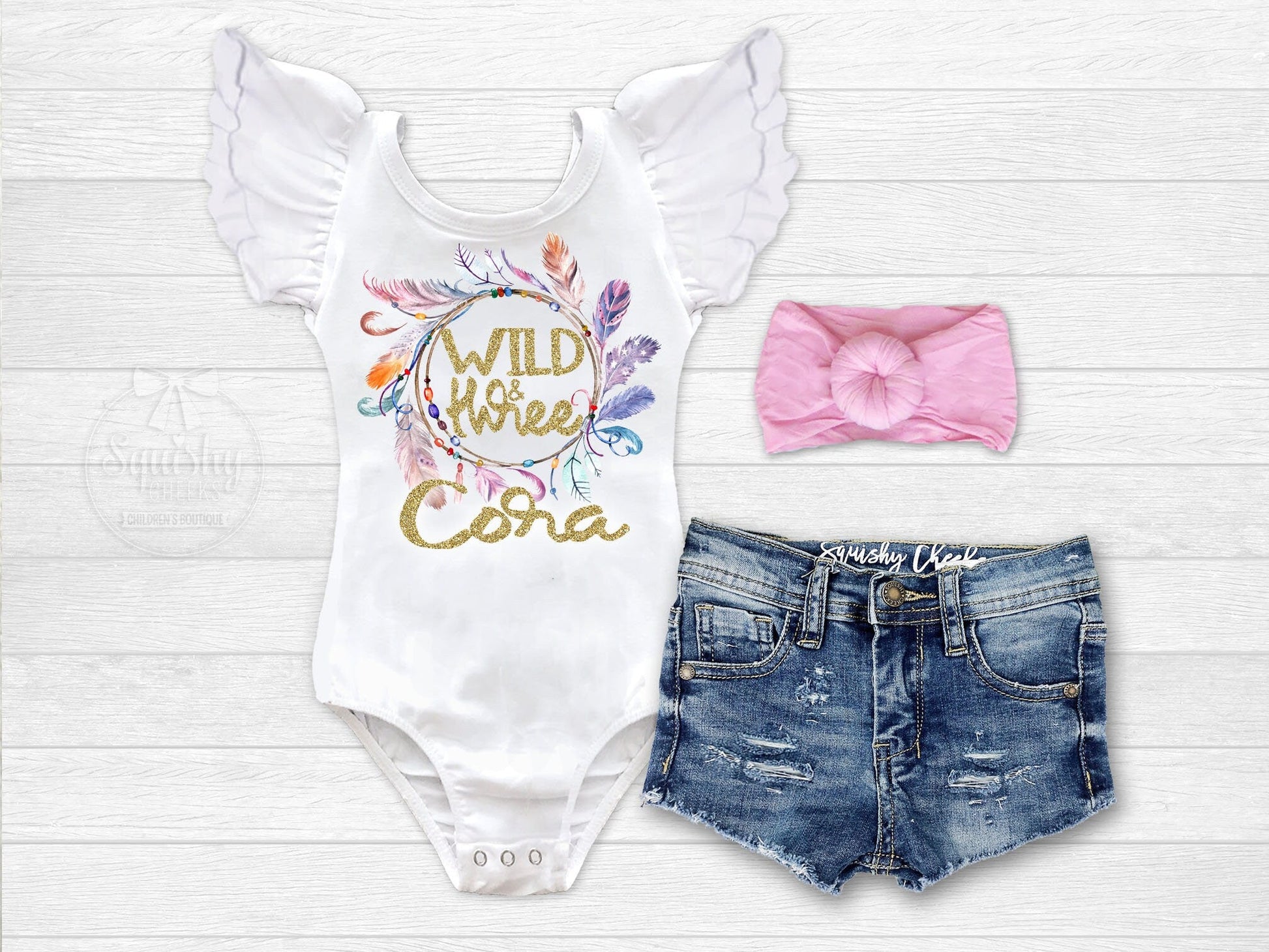 Wild One Birthday Girl Outfit 1st Birthday Shirt First Birthday Outfit Boho Birthday Leotard Feather Outfit Distressed Denim - Squishy Cheeks