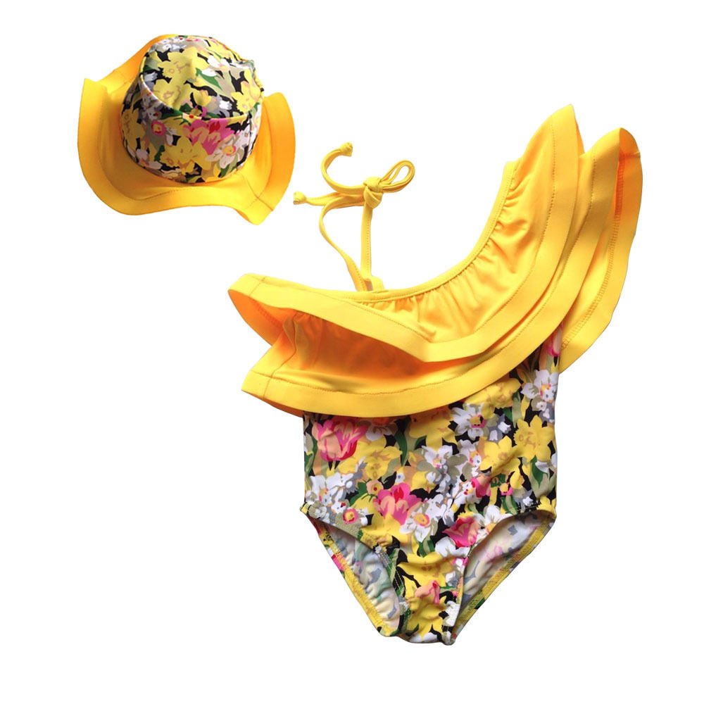 Yellow Floral One Shoulder Ruffled Swimsuit w/ Hat - Squishy Cheeks